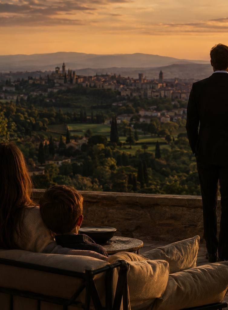 Un dirigeant et sa famille regardent un paysage de collines au coucher du soleil